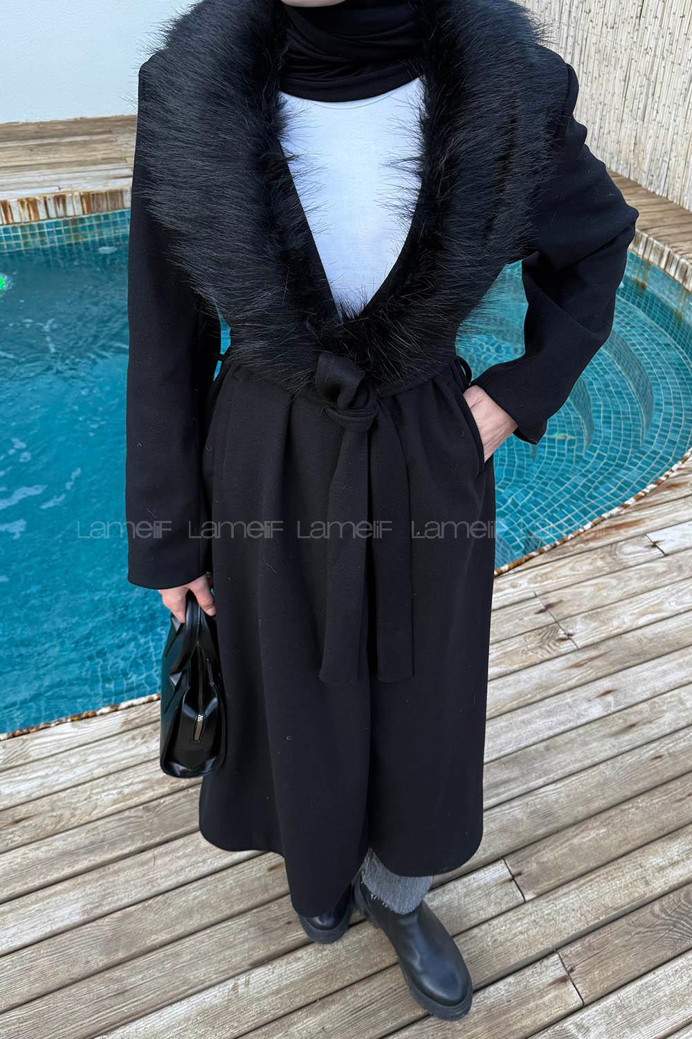 Black Jacket Collar Long Arm Stamp Fabric Coat