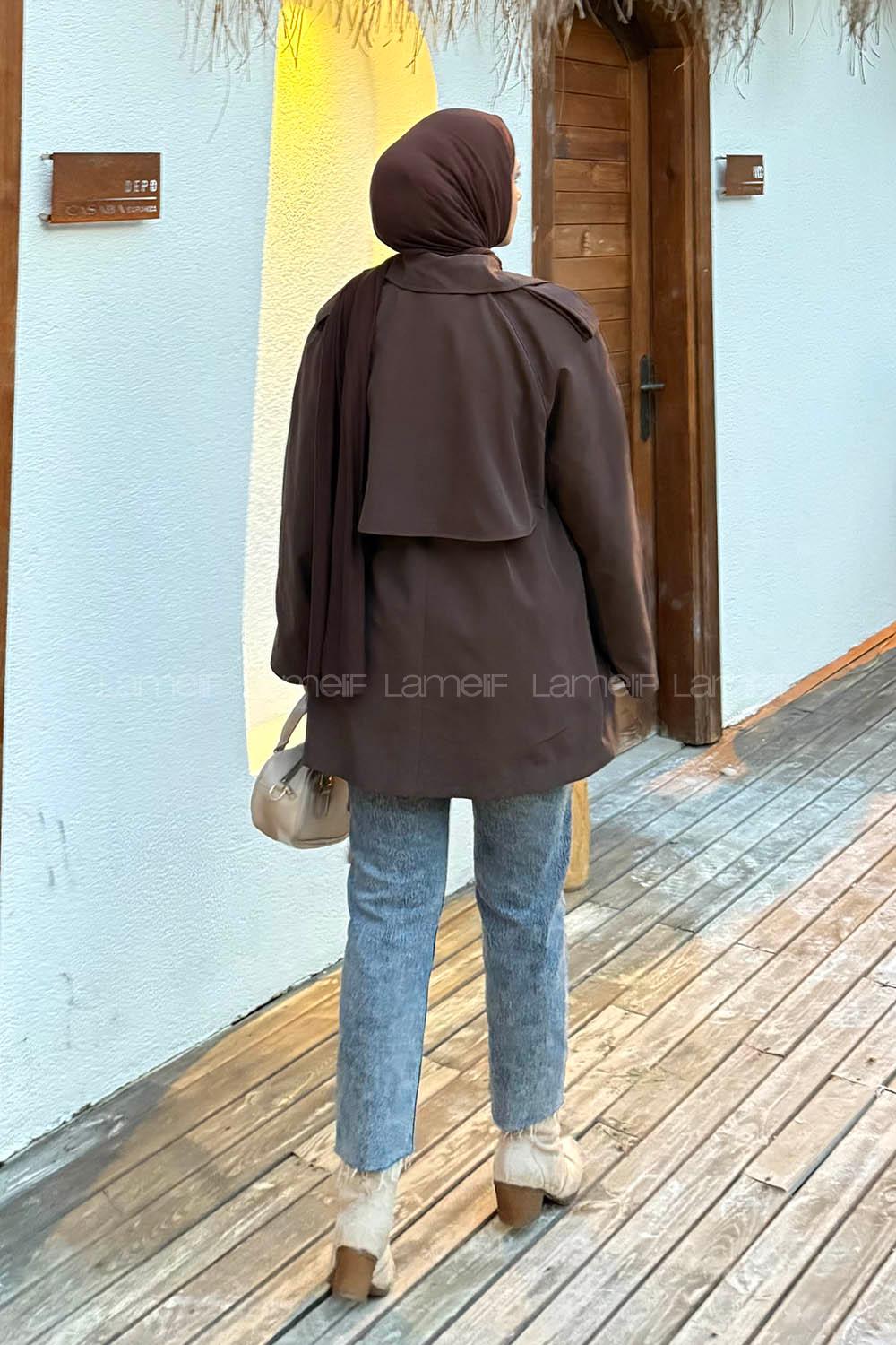 Lamelif Omuz Apoletli Kısa Trençkot Acı Kahve