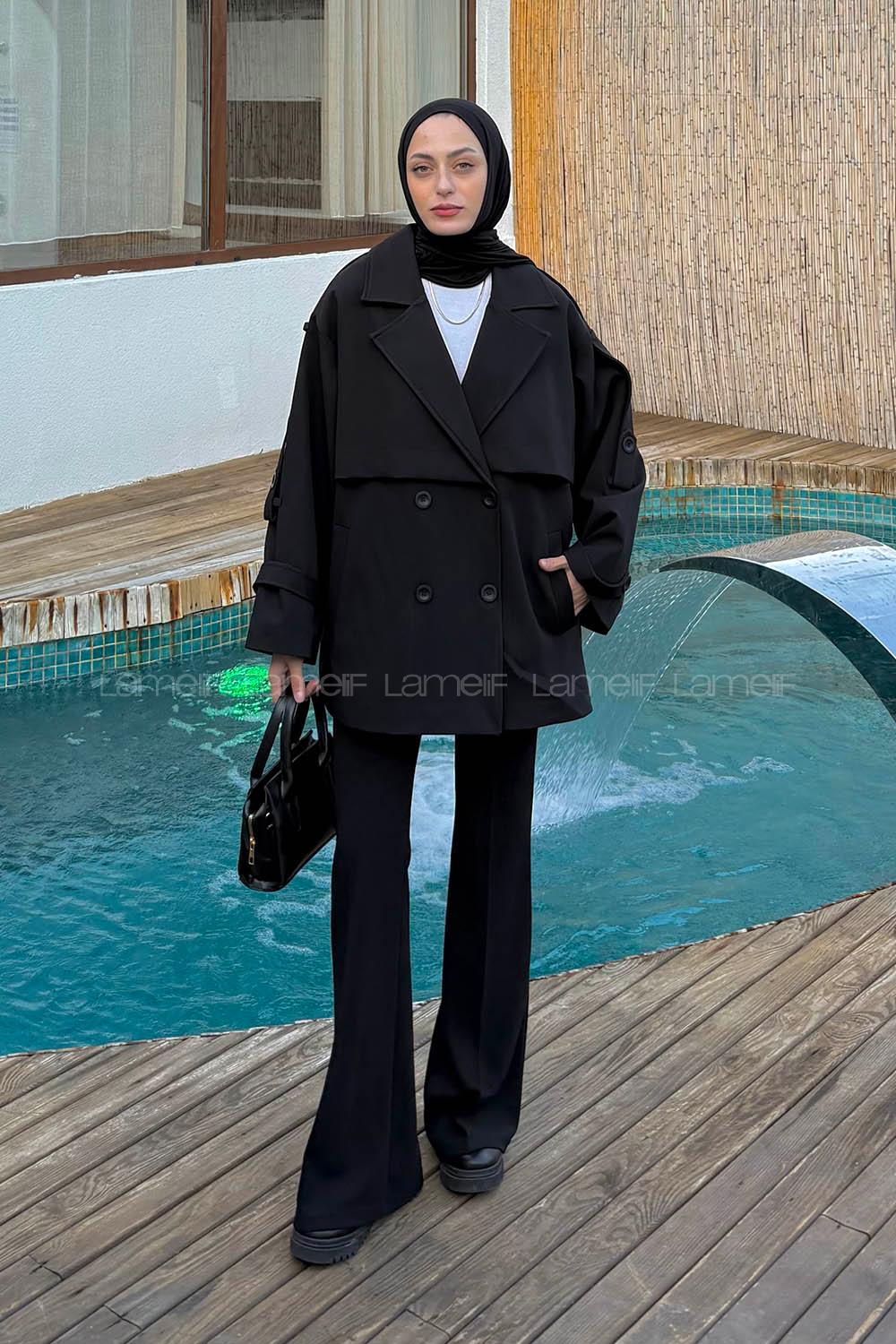 Black Long Arm Viscose Fabric Elastan Polyester Trench Coat