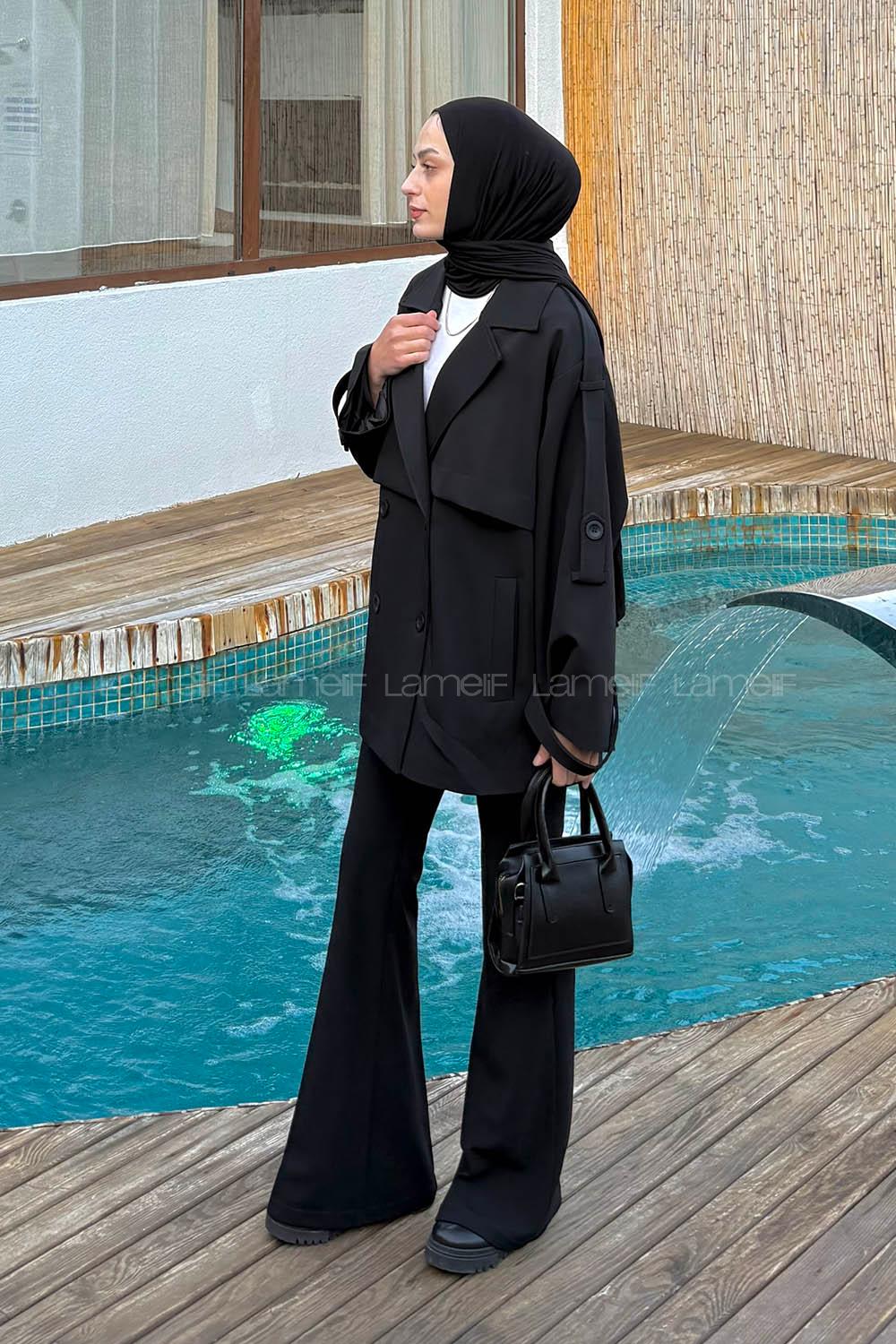Black Long Arm Viscose Fabric Elastan Polyester Trench Coat