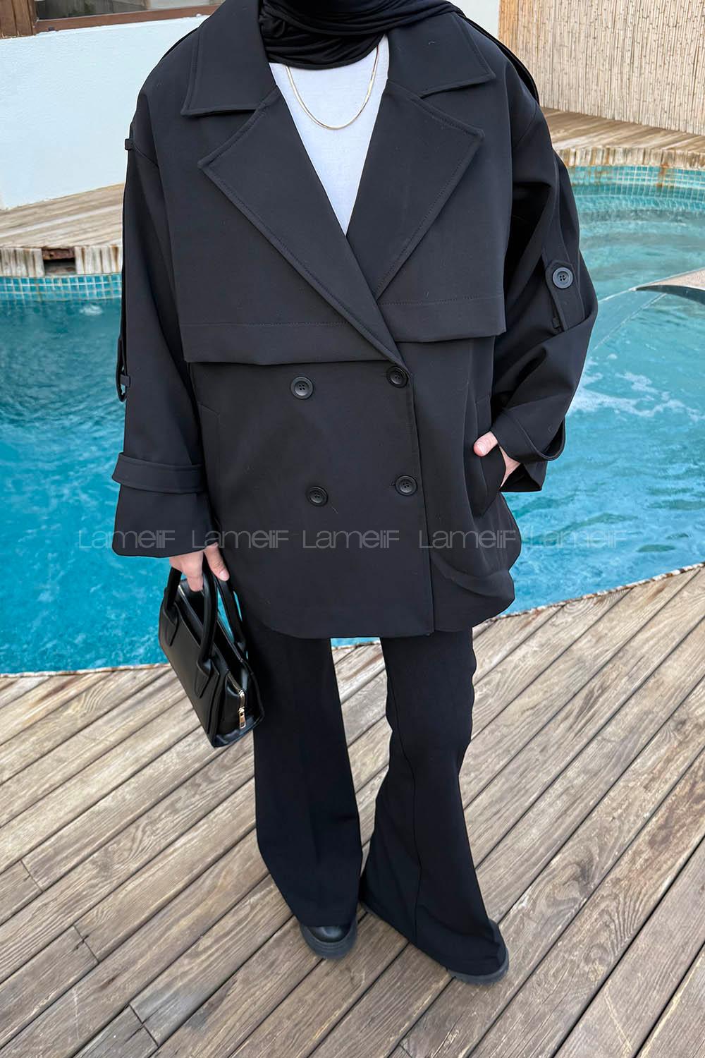 Black Long Arm Viscose Fabric Elastan Polyester Trench Coat