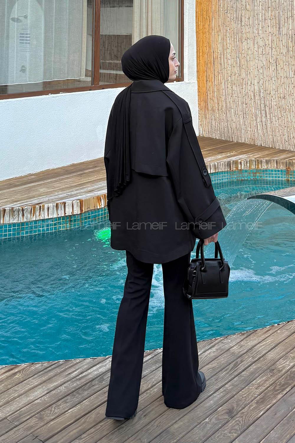 Black Long Arm Viscose Fabric Elastan Polyester Trench Coat