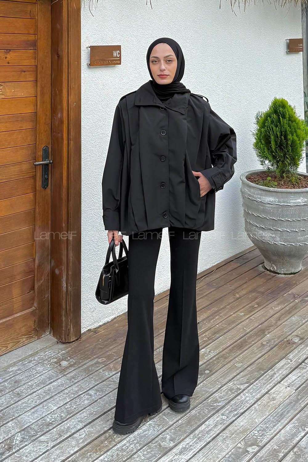 Black Shirt Collar Long Arm Coat