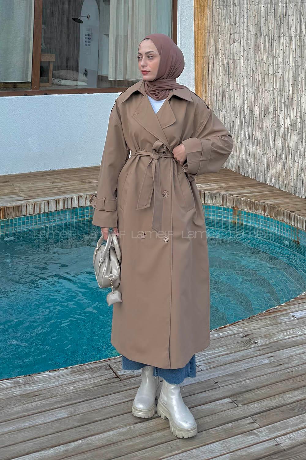 Lamelif Omuz Apoletli Premium Trençkot Camel