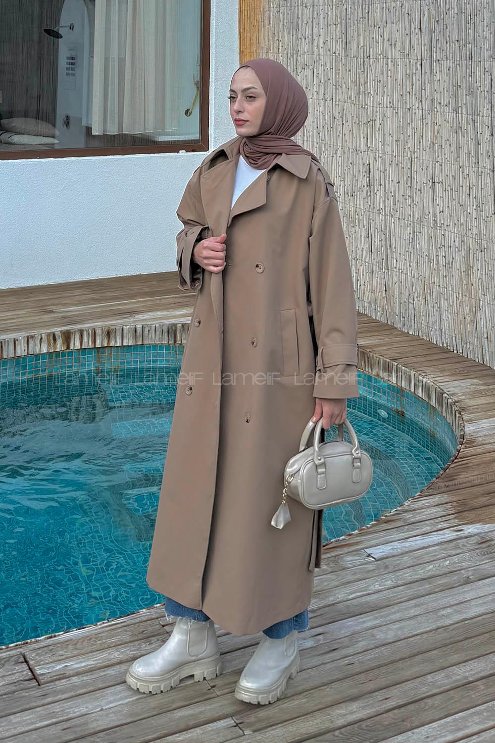 Lamelif Omuz Apoletli Premium Trençkot Camel