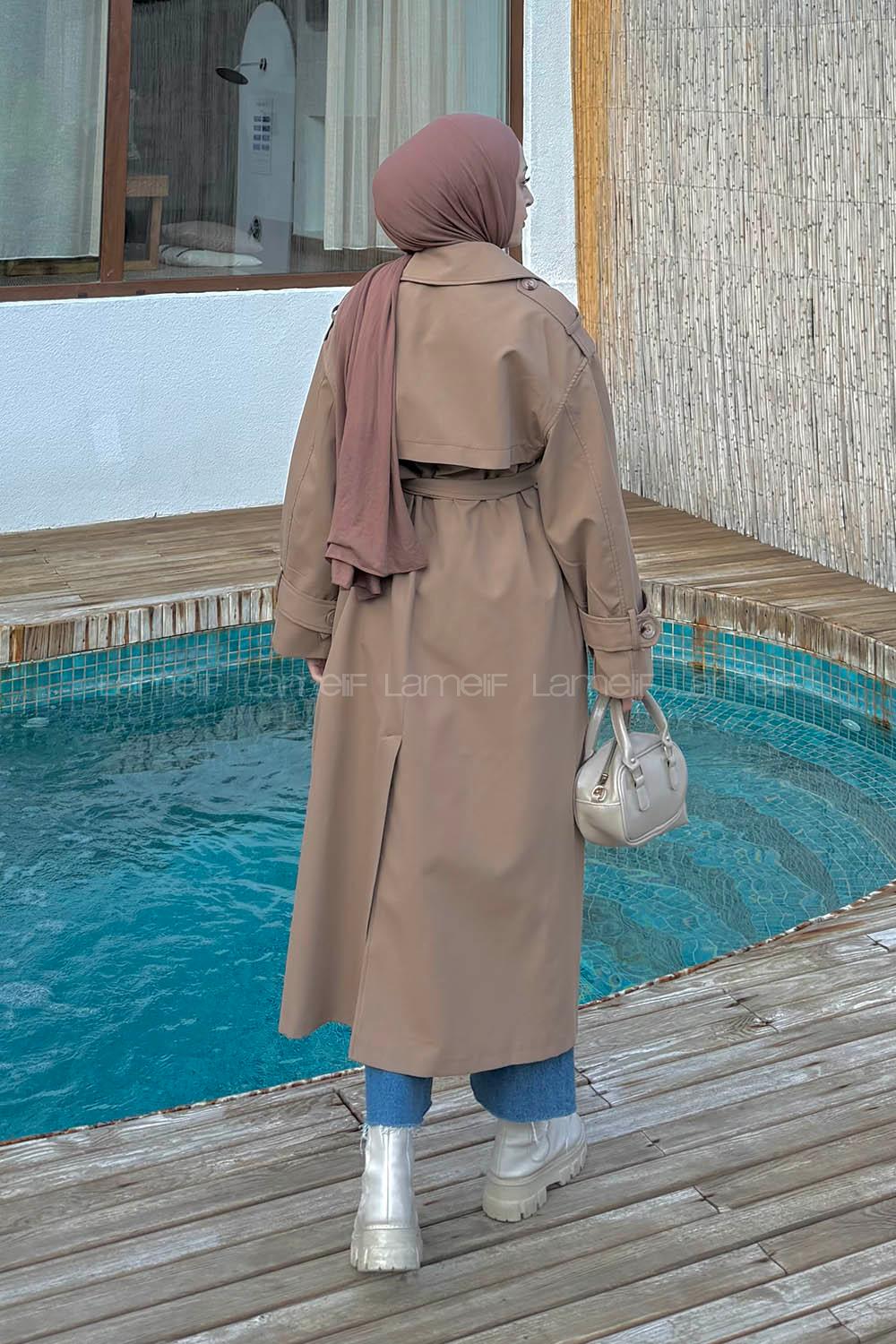 Lamelif Omuz Apoletli Premium Trençkot Camel