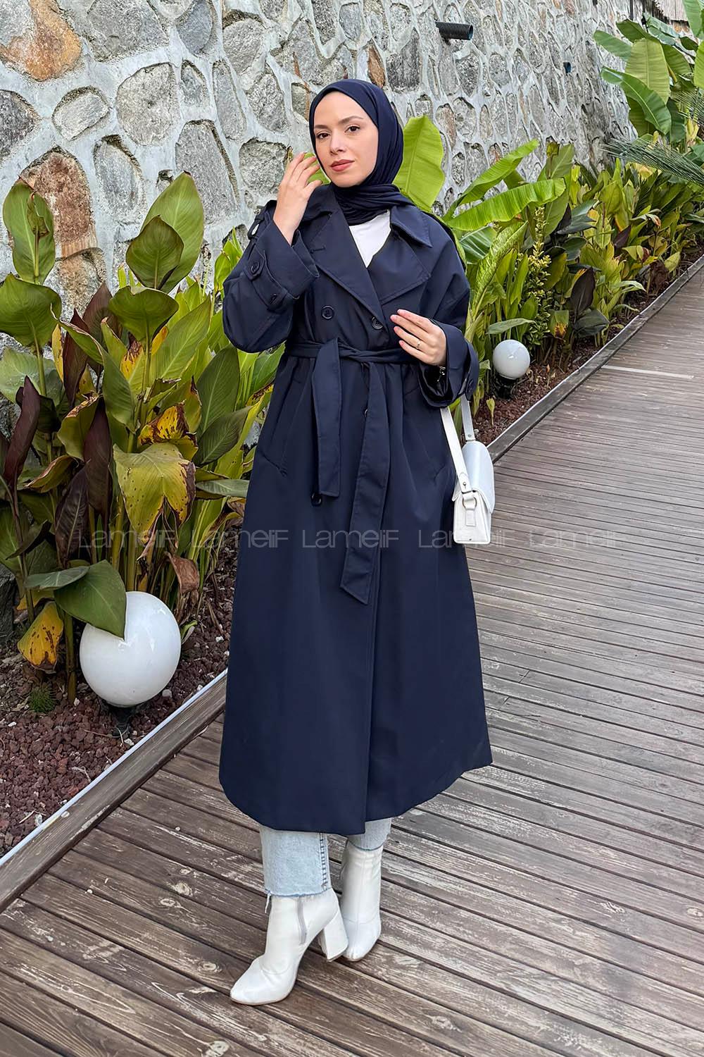 Navy Blue Long Arm Polyester Trench Coat