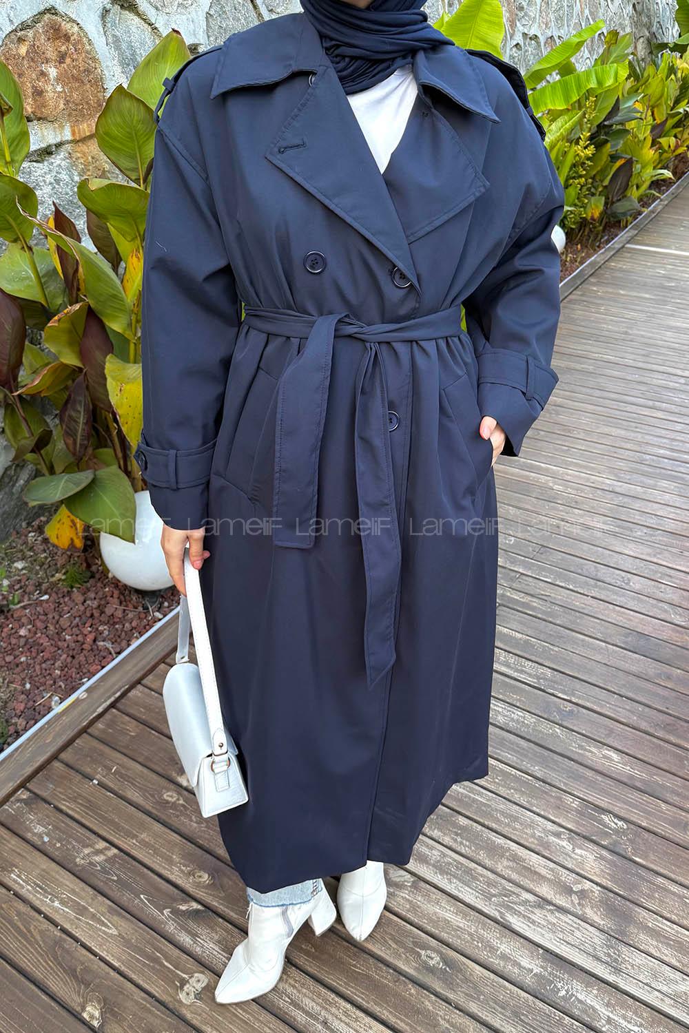 Navy Blue Long Arm Polyester Trench Coat