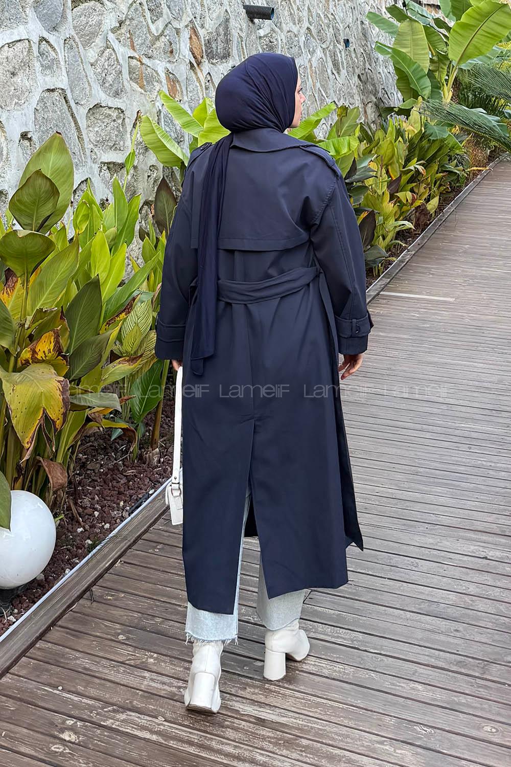 Navy Blue Long Arm Polyester Trench Coat
