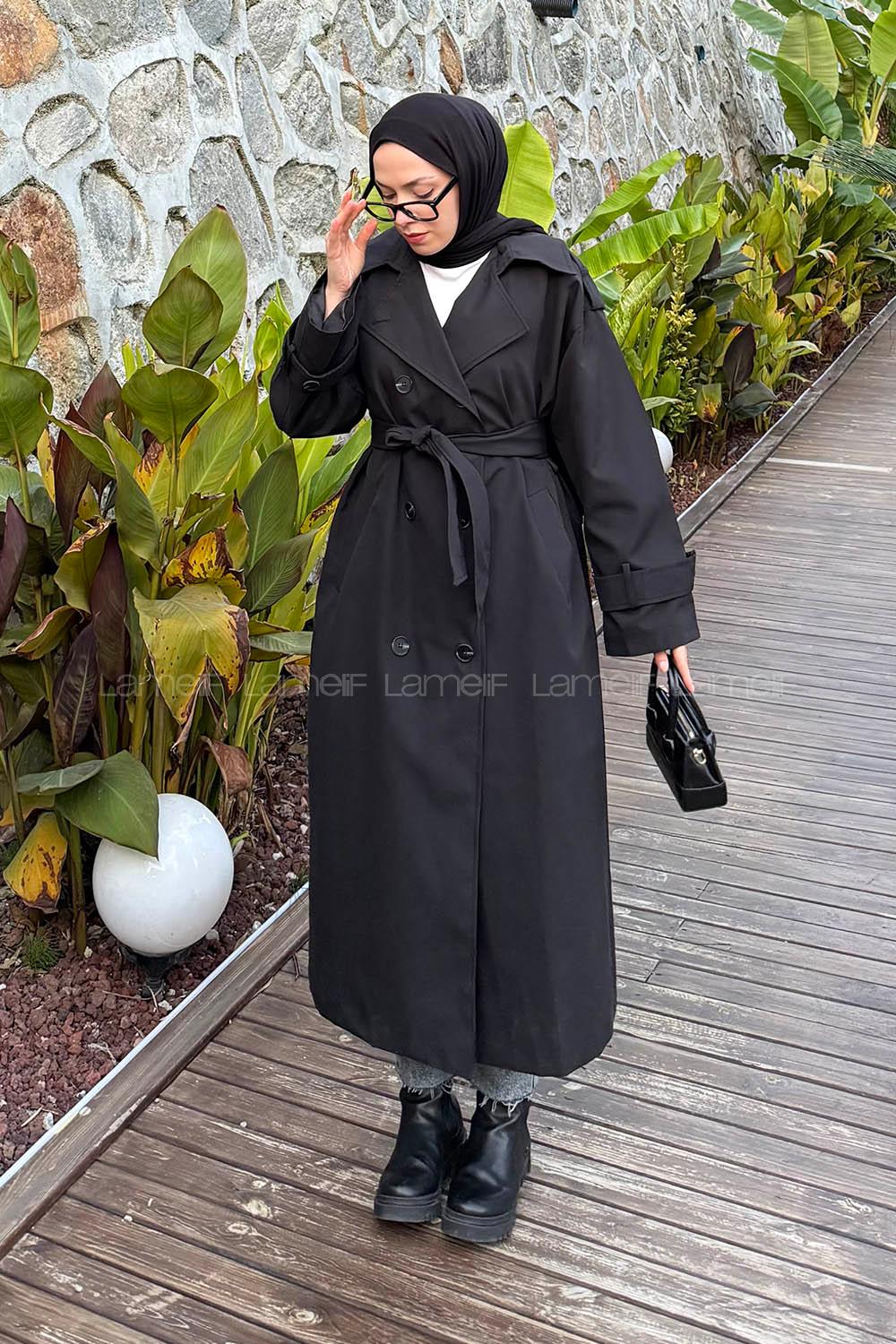 Black Long Arm Polyester Trench Coat