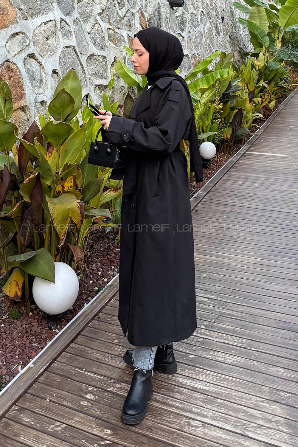 Black Long Arm Polyester Trench Coat