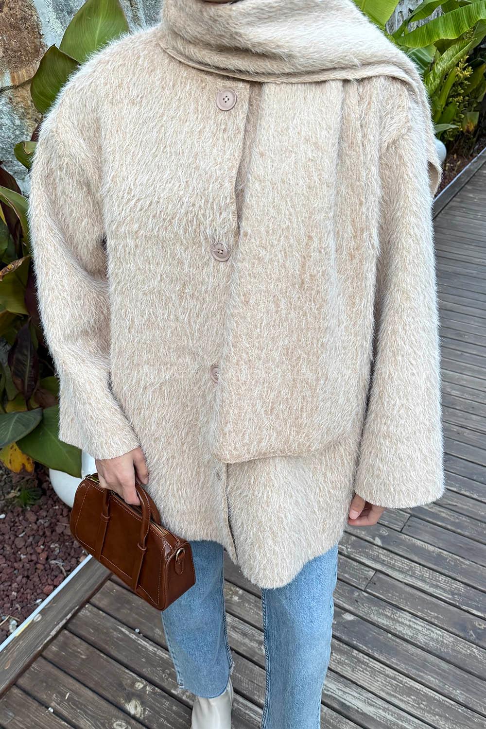 Beige Crew Neck Long Arm Coat