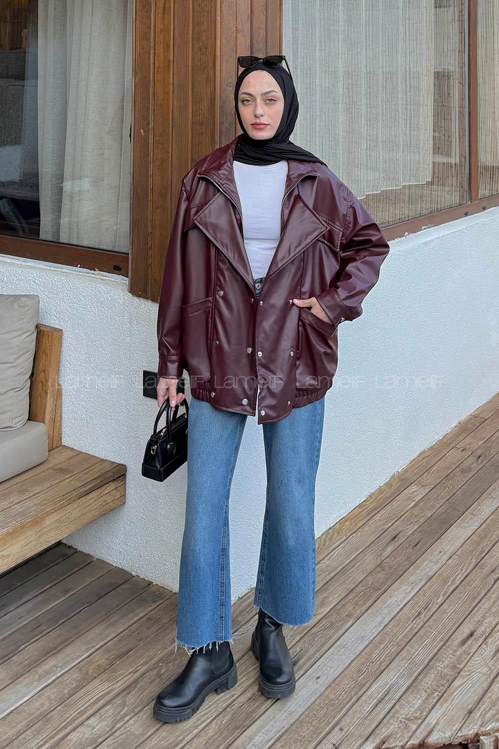 Claret Red Neckband Long Arm Skin Polyester Jacket