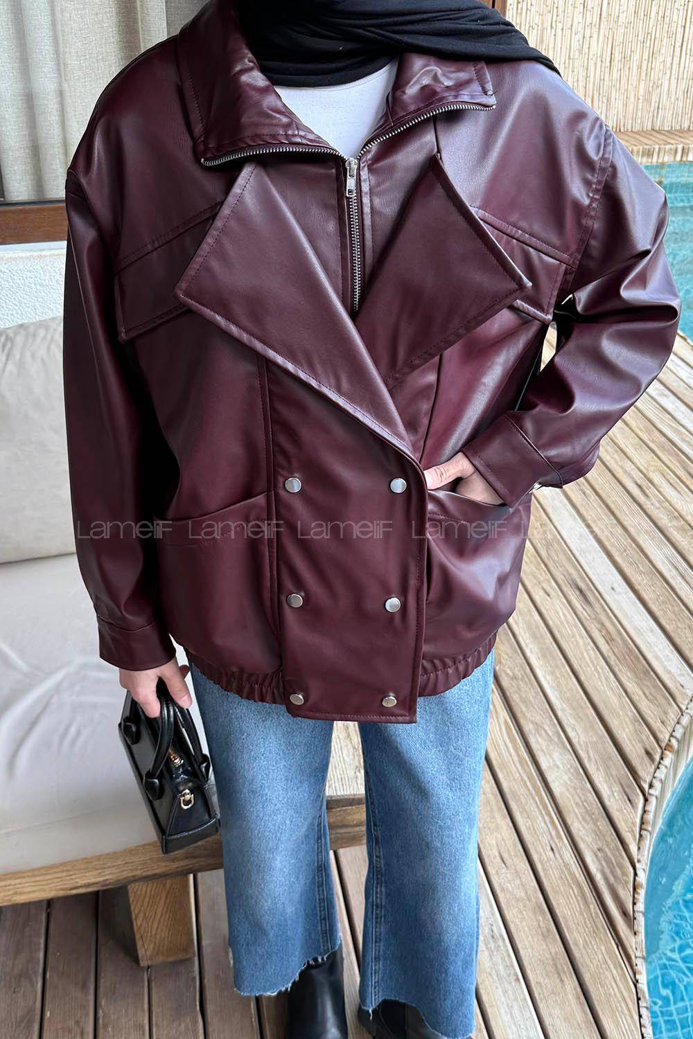 Claret Red Neckband Long Arm Skin Polyester Jacket