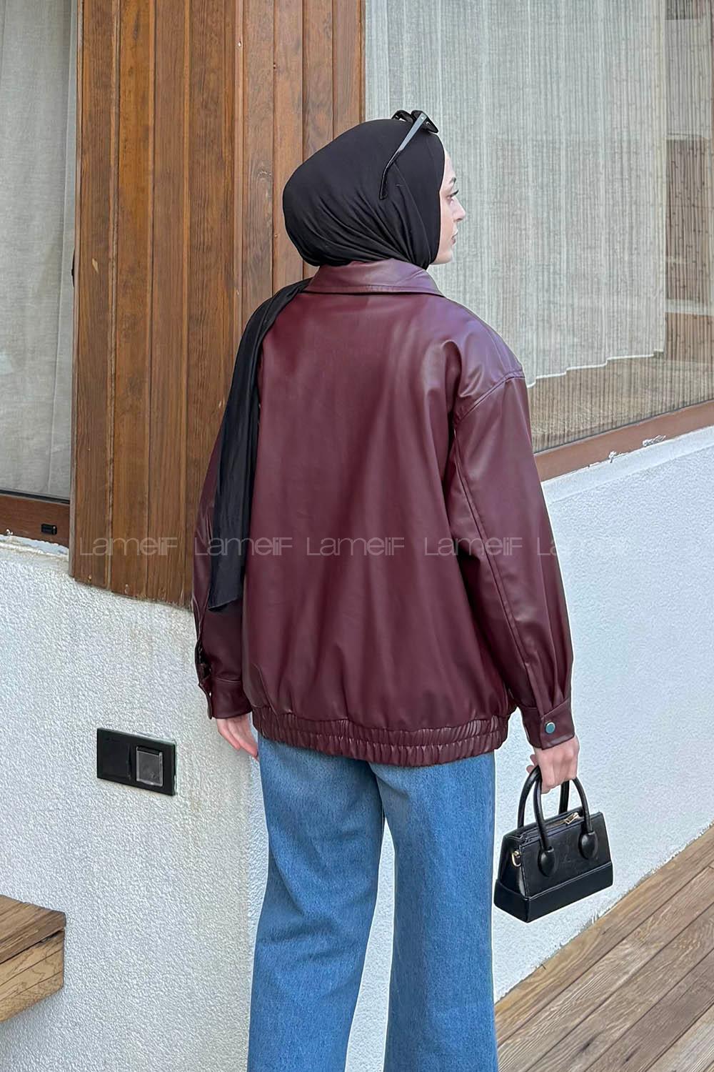 Claret Red Neckband Long Arm Skin Polyester Jacket