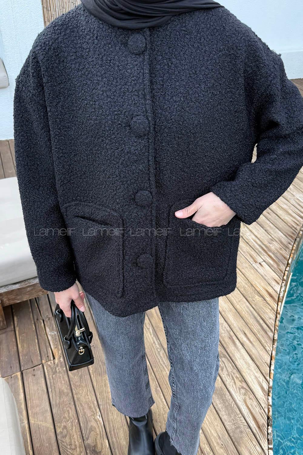 Black Crew Neck Long Arm Polyester Jacket