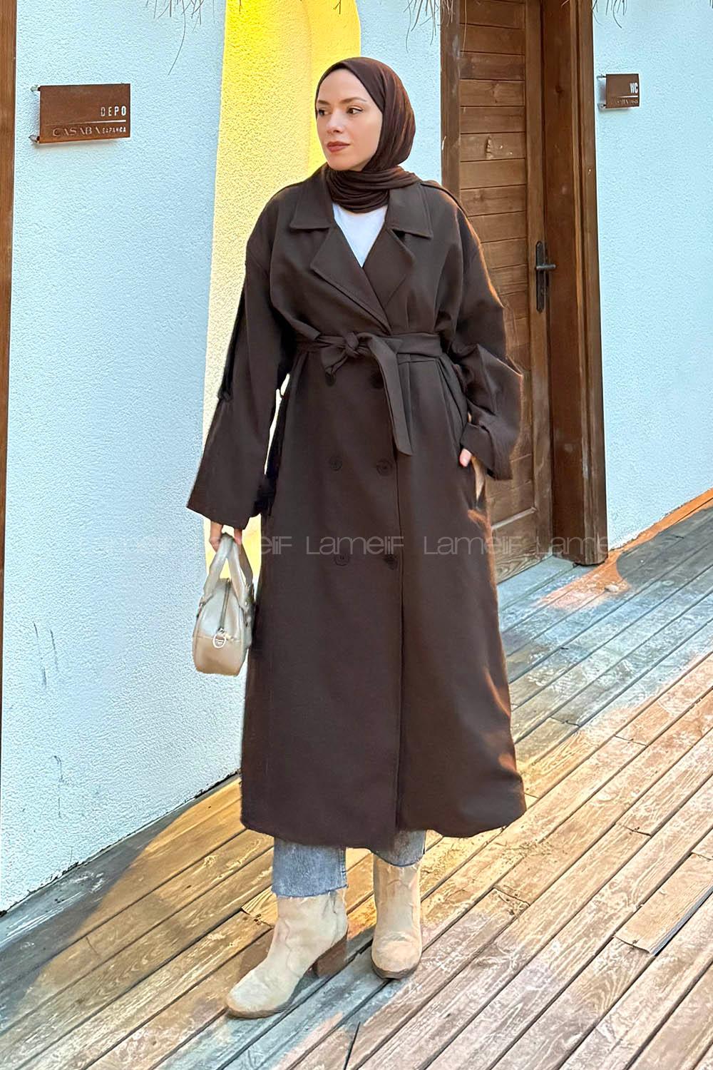 Lamelif Uzun Apoletli Trenç Kahverengi