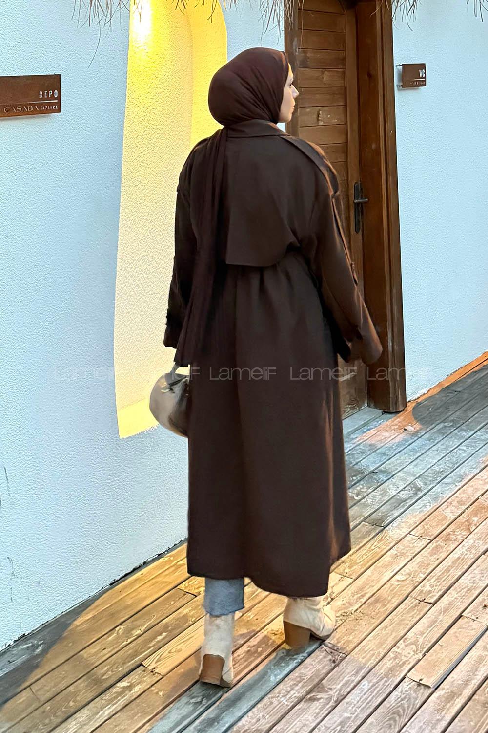 Lamelif Uzun Apoletli Trenç Kahverengi