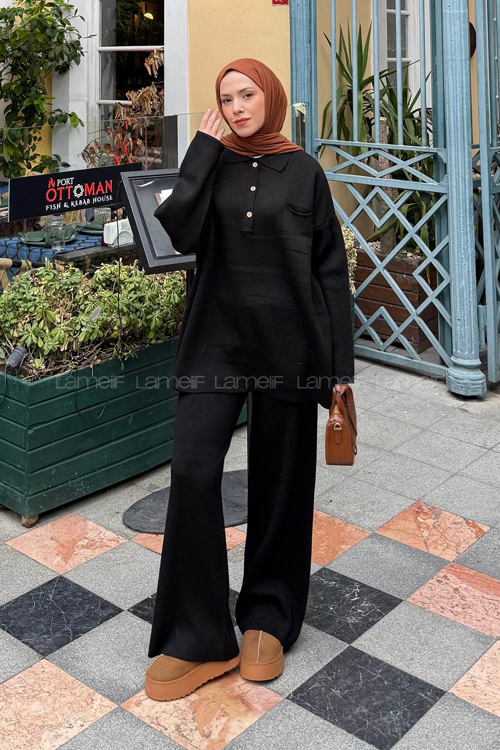 Black Shirt Collar Long Arm Acrylic Cotton Fabric Regular Trousers Comfortable Suit