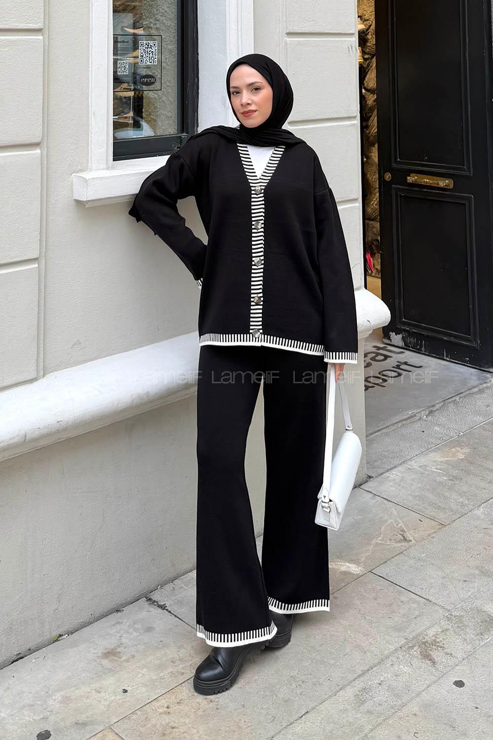 Lamelif Çizgili Triko Takım Siyah