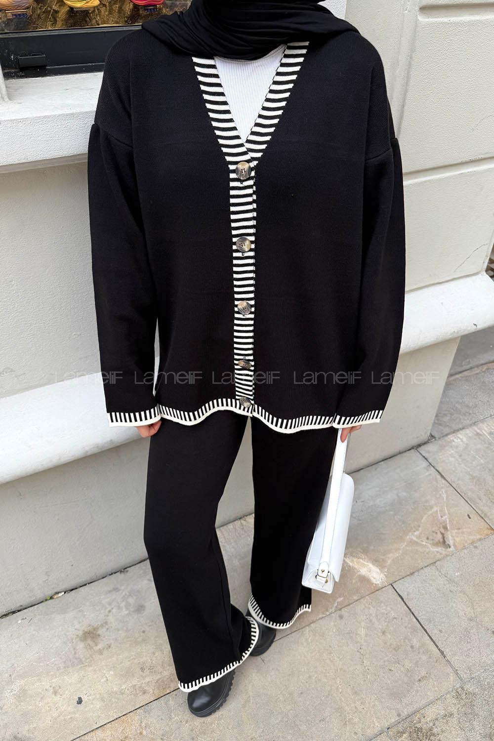 Lamelif Çizgili Triko Takım Siyah