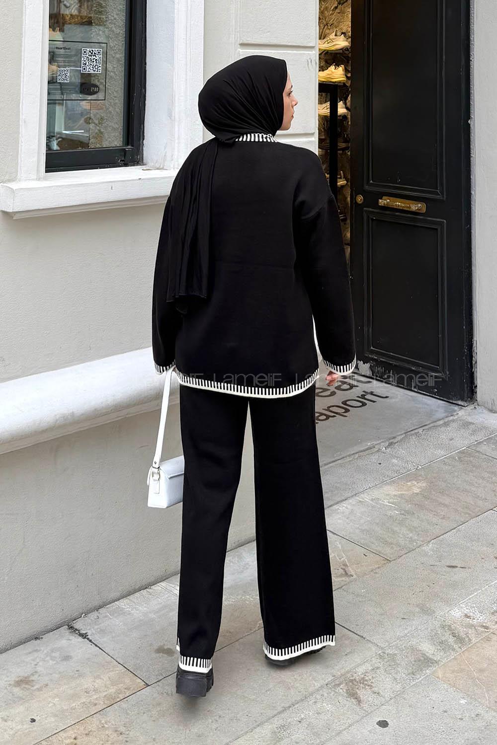 Lamelif Çizgili Triko Takım Siyah