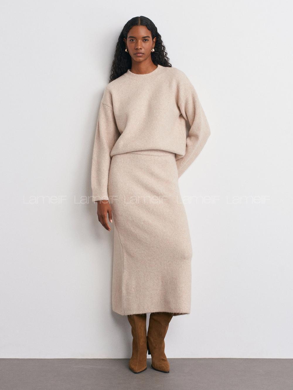 Lamelif Dilvin Bisiklet Yaka Yumuşak Dokulu Triko Kazak Açık Bej