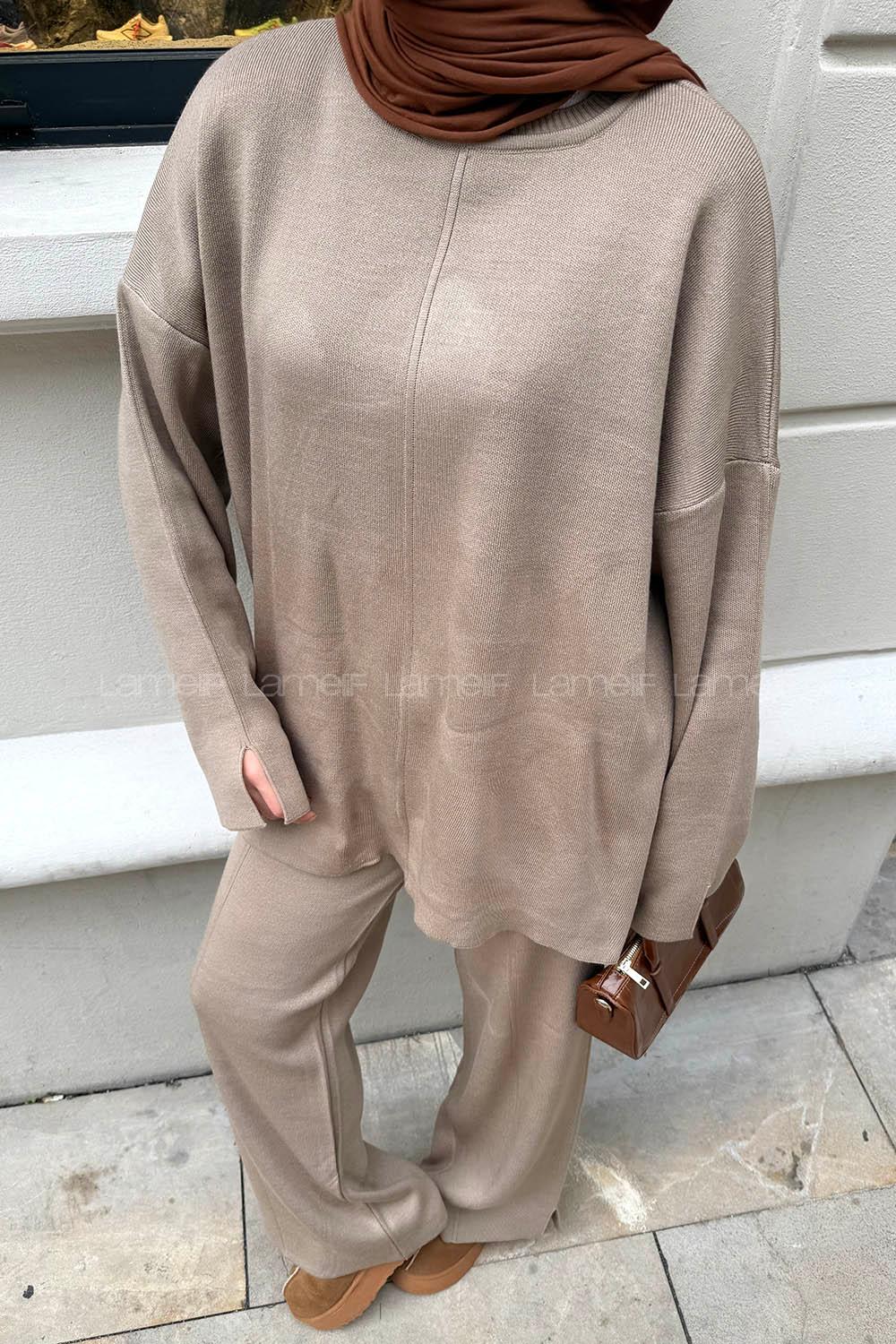 Lamelif Düz Bisiklet Yaka Takım Koyu Vizonrengi