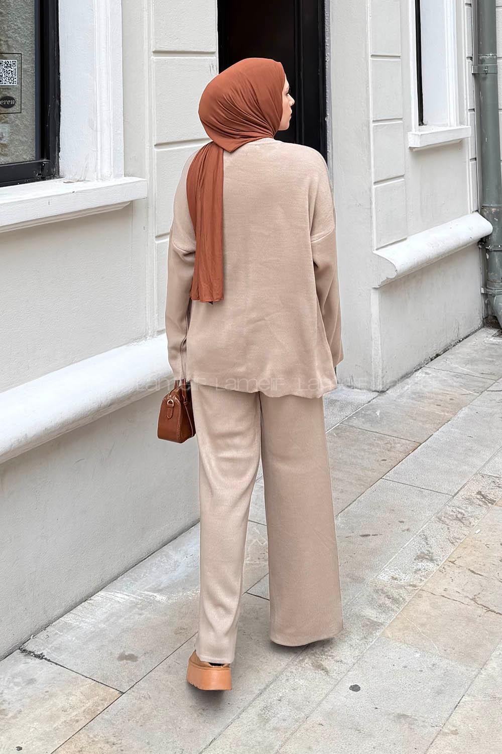 Lamelif Düz Bisiklet Yaka Takım Koyu Vizonrengi