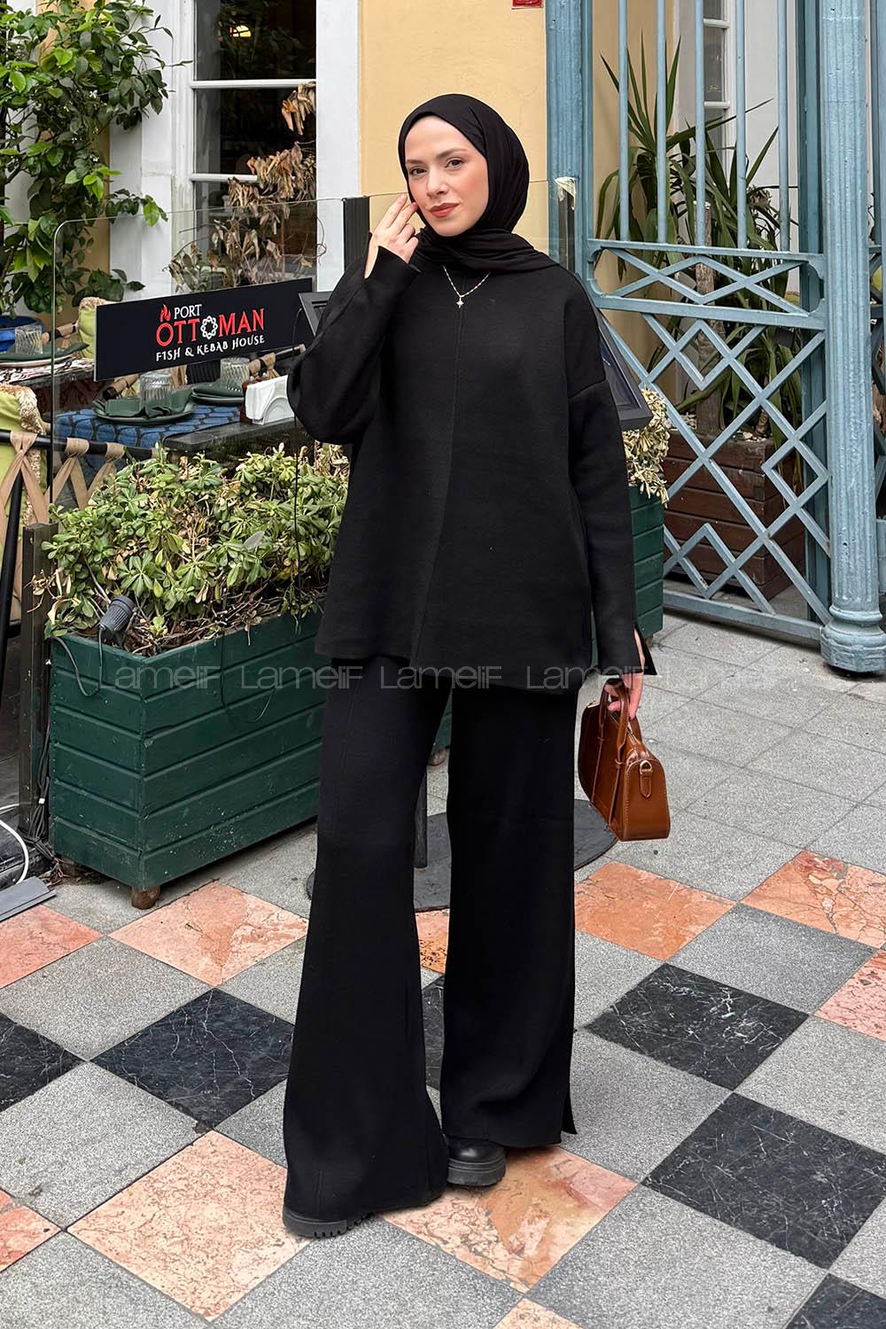 Lamelif Düz Bisiklet Yaka Takım Siyah