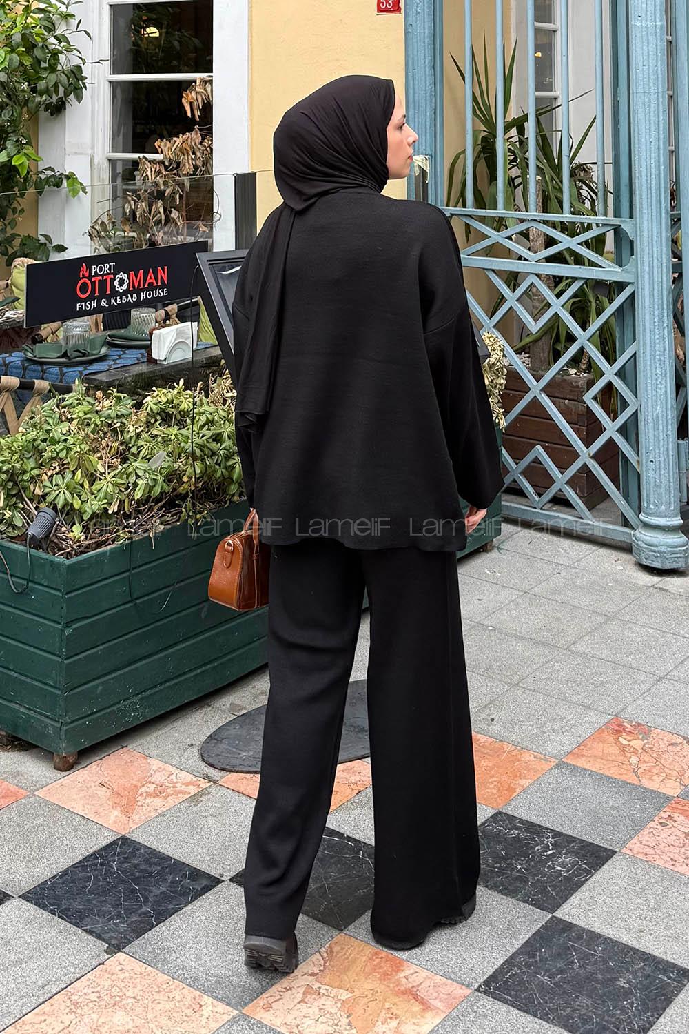 Lamelif Düz Bisiklet Yaka Takım Siyah