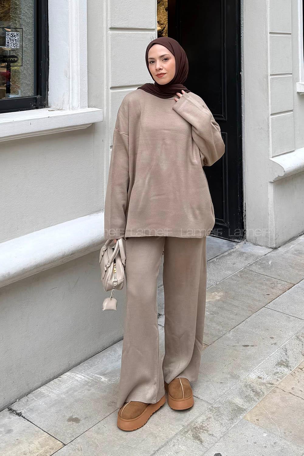 Lamelif Düz İkili Triko Tesettür Takım Koyu Vizonrengi