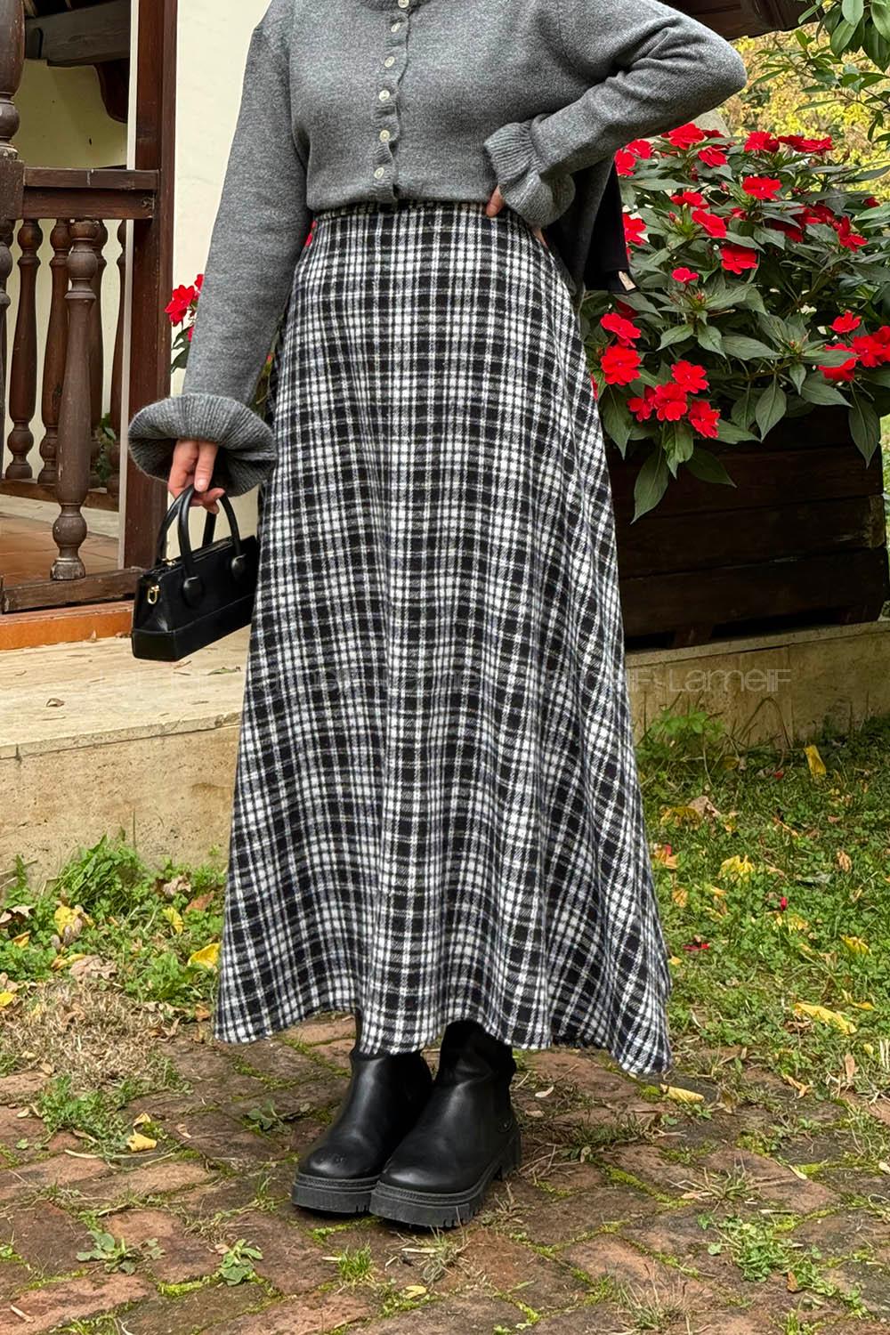 Lamelif Ekose Detay Etek Beyaz-Siyah