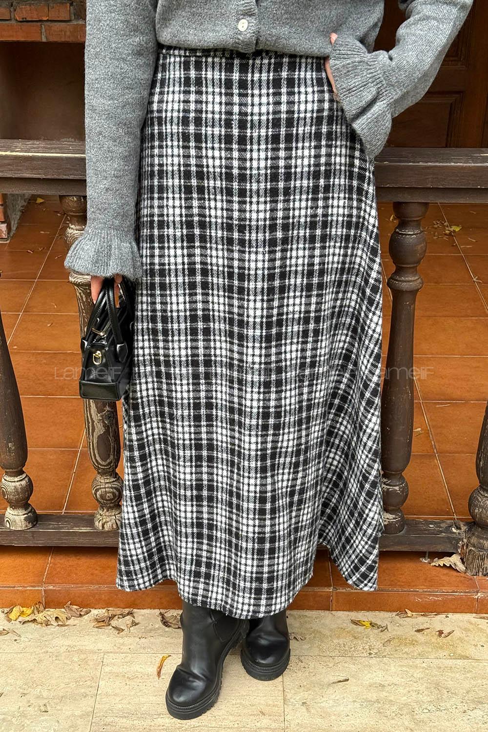 Lamelif Ekose Detay Etek Beyaz-Siyah