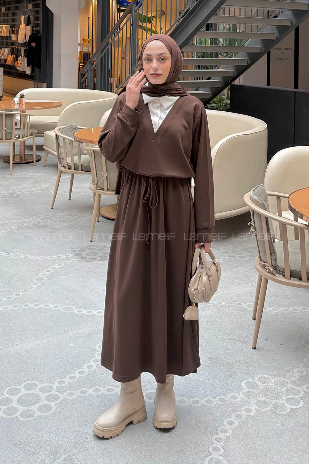 Bitter Brown Shirt Collar Long Arm Cotton Lycra Flared Skirt Suit