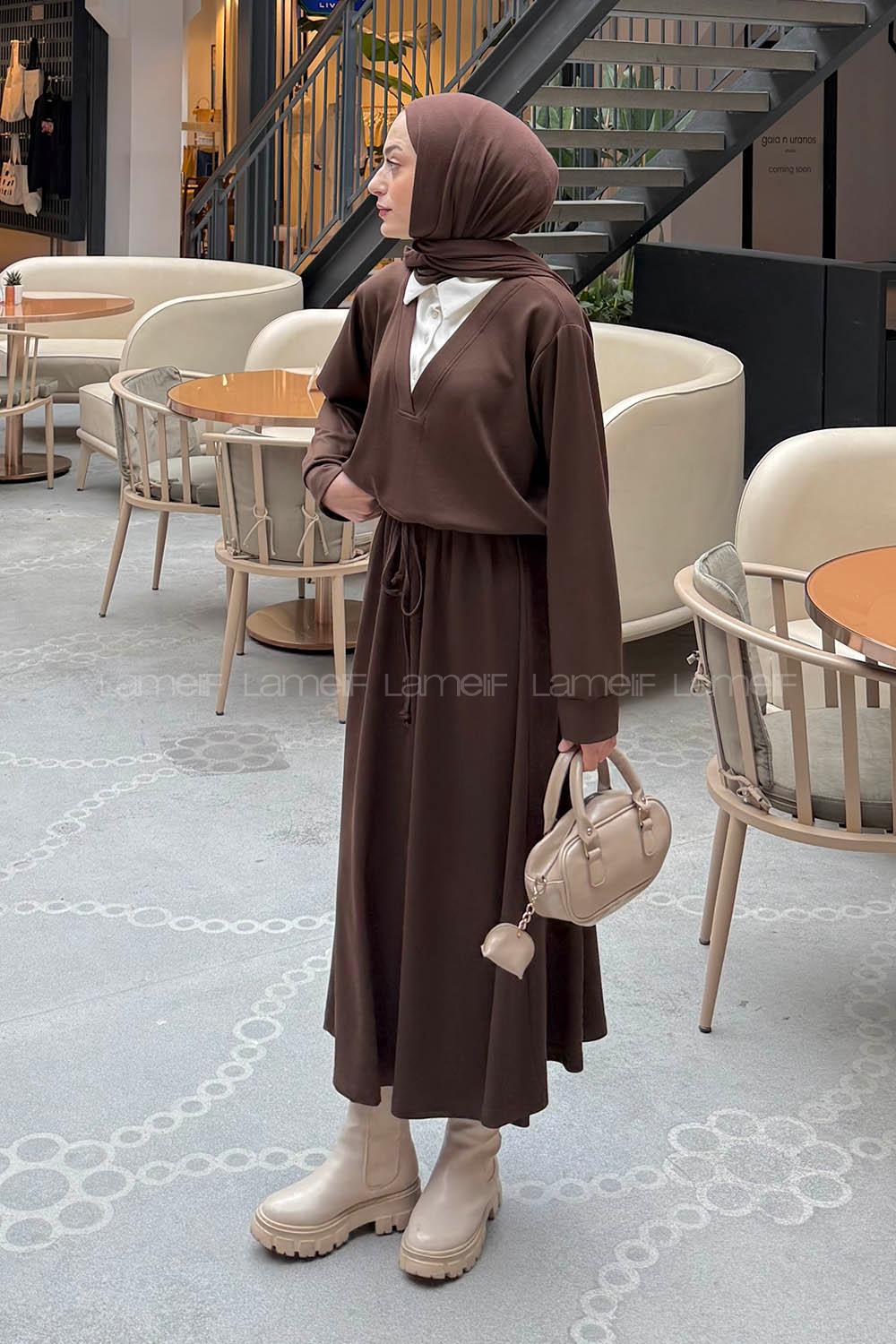 Bitter Brown Shirt Collar Long Arm Cotton Lycra Flared Skirt Suit