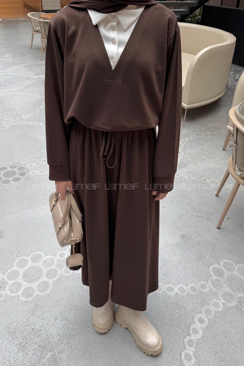 Bitter Brown Shirt Collar Long Arm Cotton Lycra Flared Skirt Suit