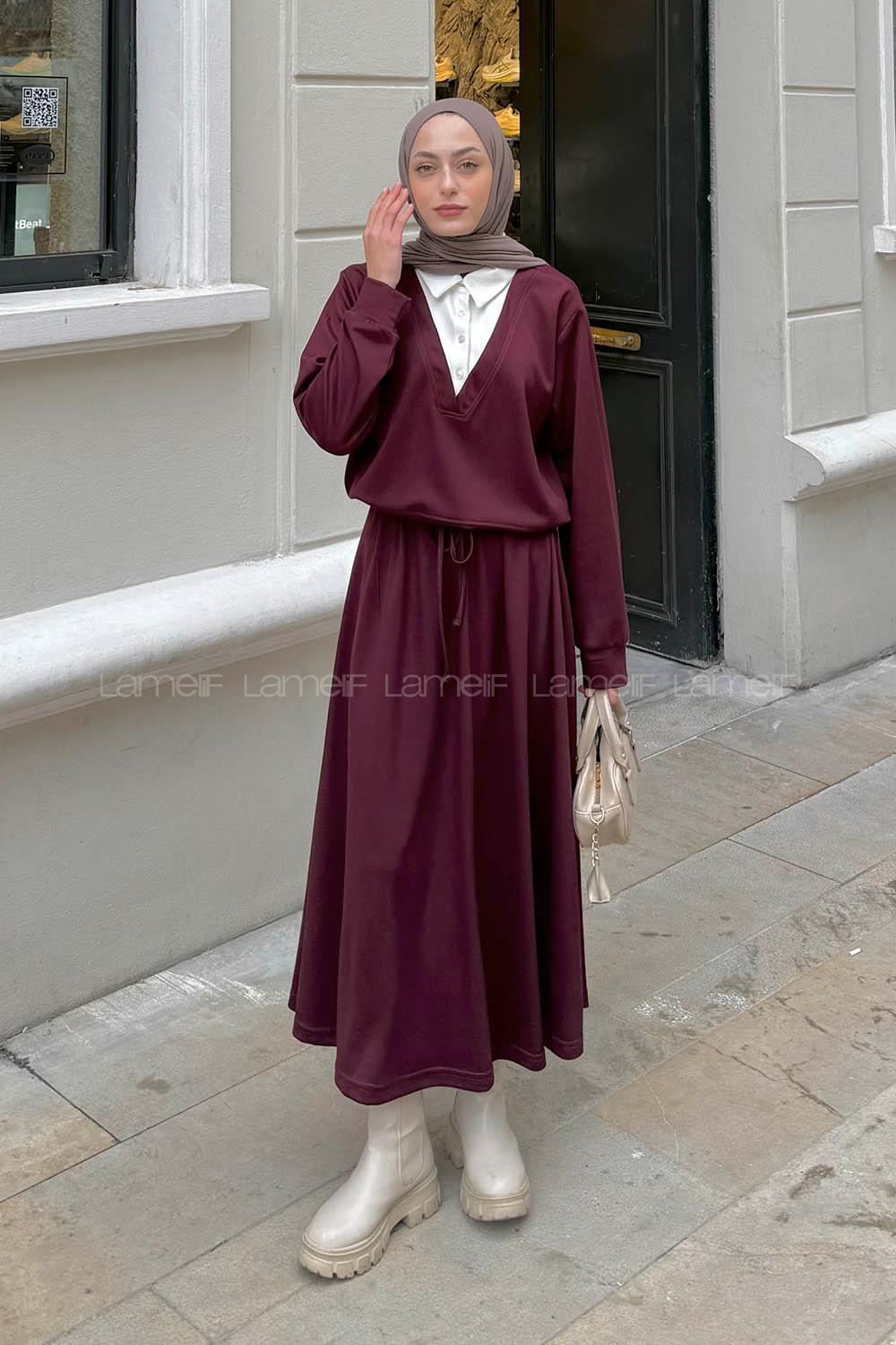 Claret Red Shirt Collar Long Arm Cotton Lycra Flared Skirt Suit