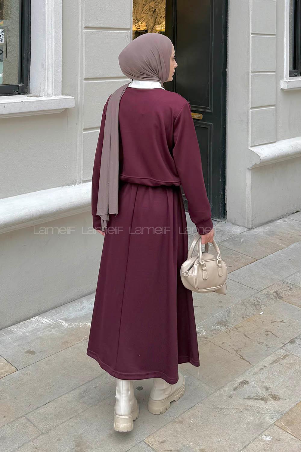 Claret Red Shirt Collar Long Arm Cotton Lycra Flared Skirt Suit