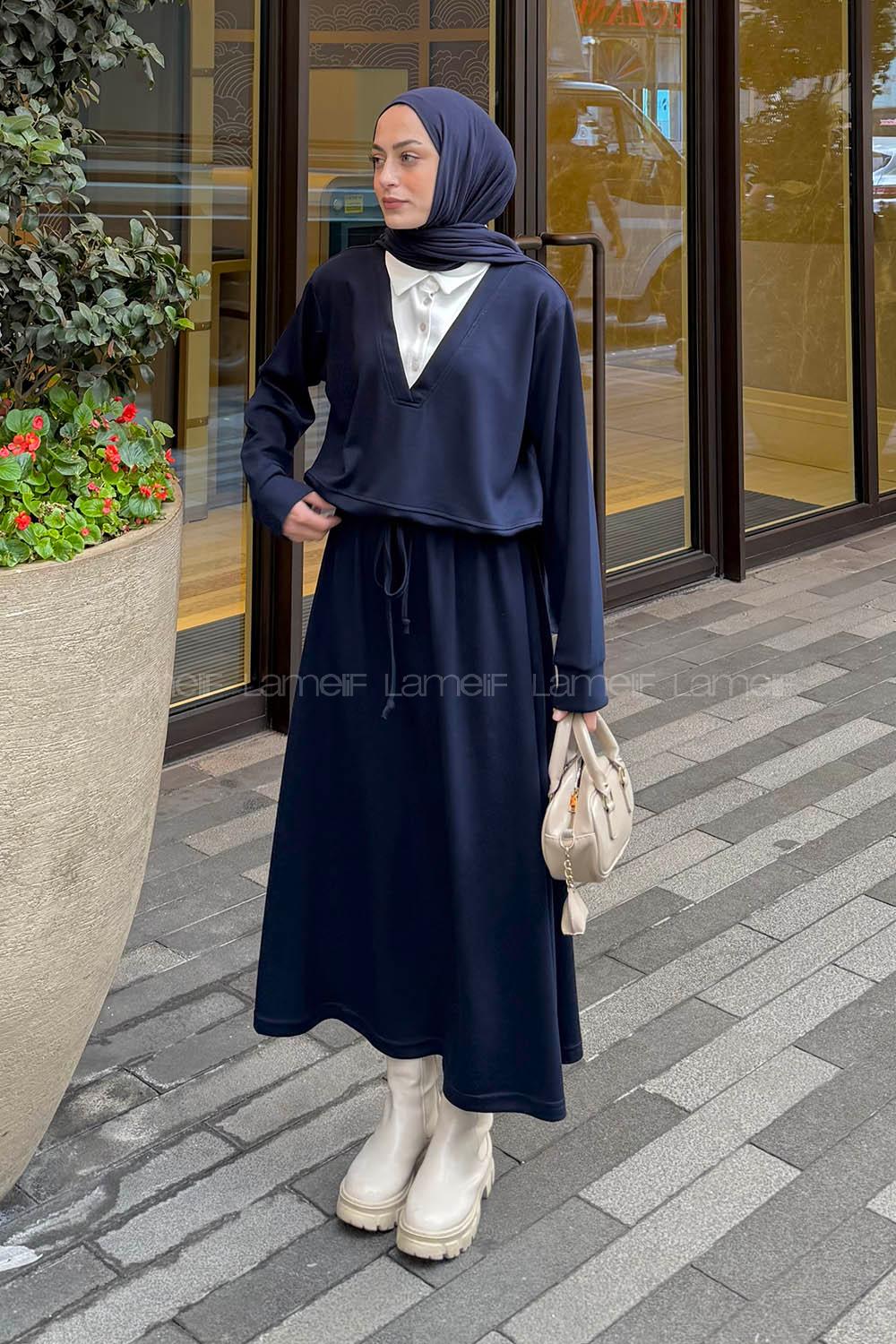 Navy Blue Shirt Collar Long Arm Cotton Lycra Flared Skirt Suit