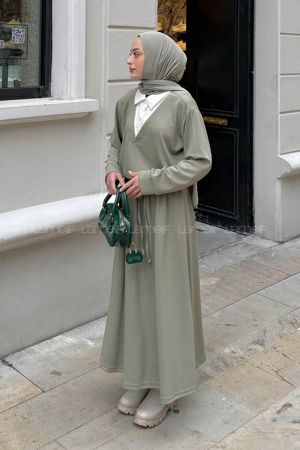 Mint Green Shirt Collar Long Arm Cotton Lycra Flared Skirt Suit