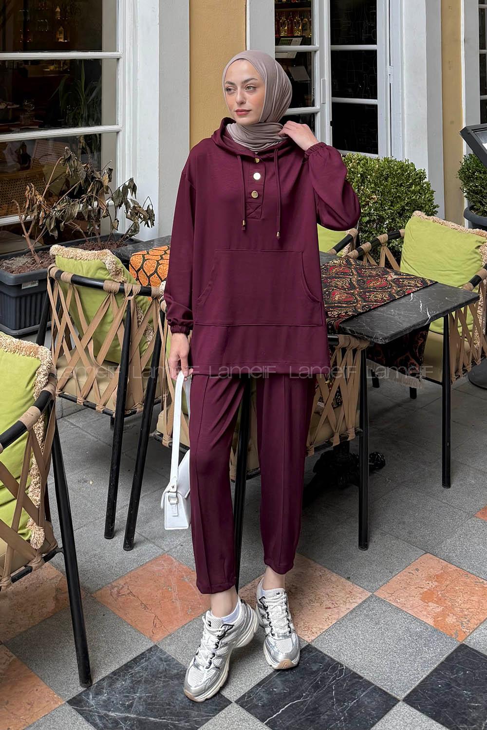 Lamelif Kapüşonlu İkili Takım Bordo
