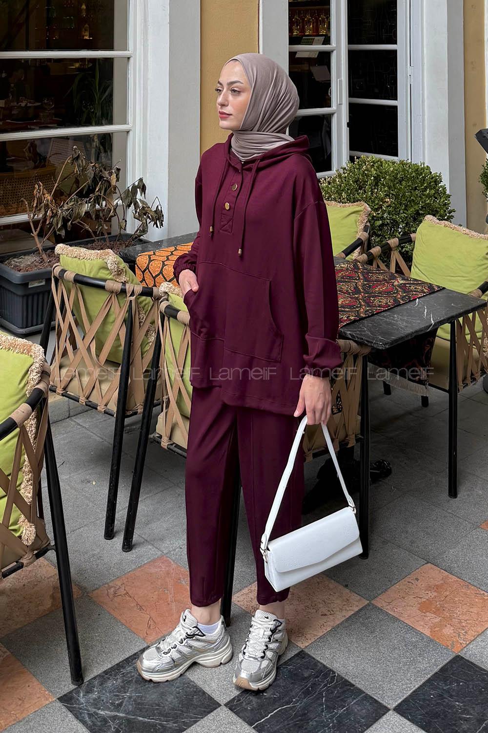 Lamelif Kapüşonlu İkili Takım Bordo