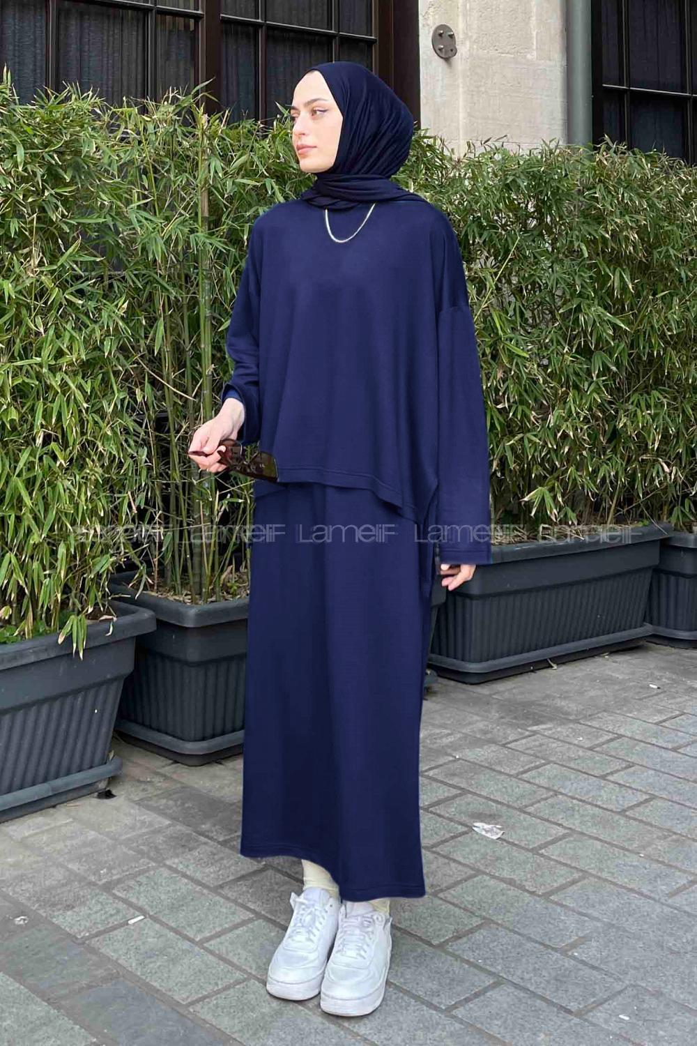 Lamelif Kristal Etekli Tesettür Takım Lacivert