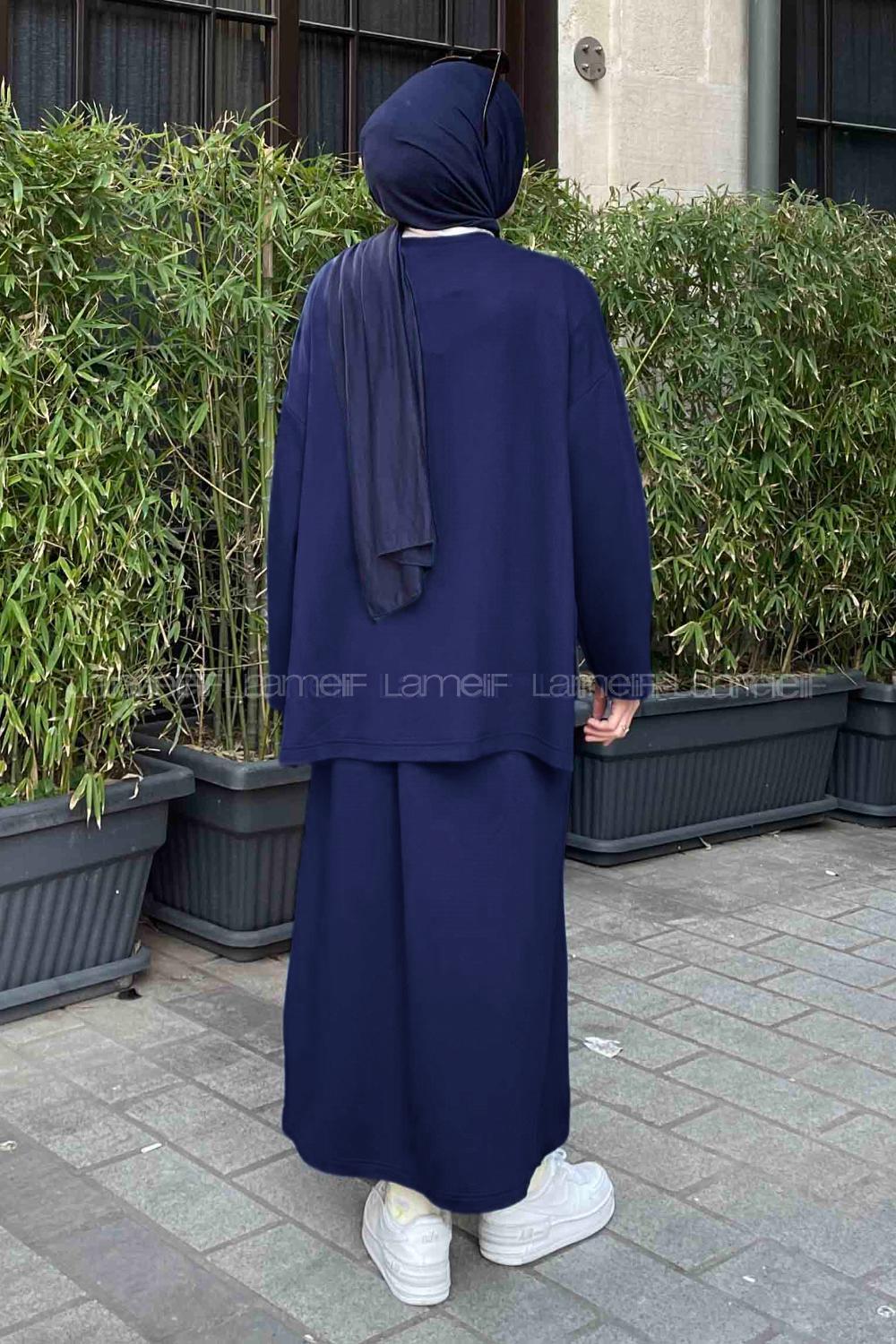 Lamelif Kristal Etekli Tesettür Takım Lacivert