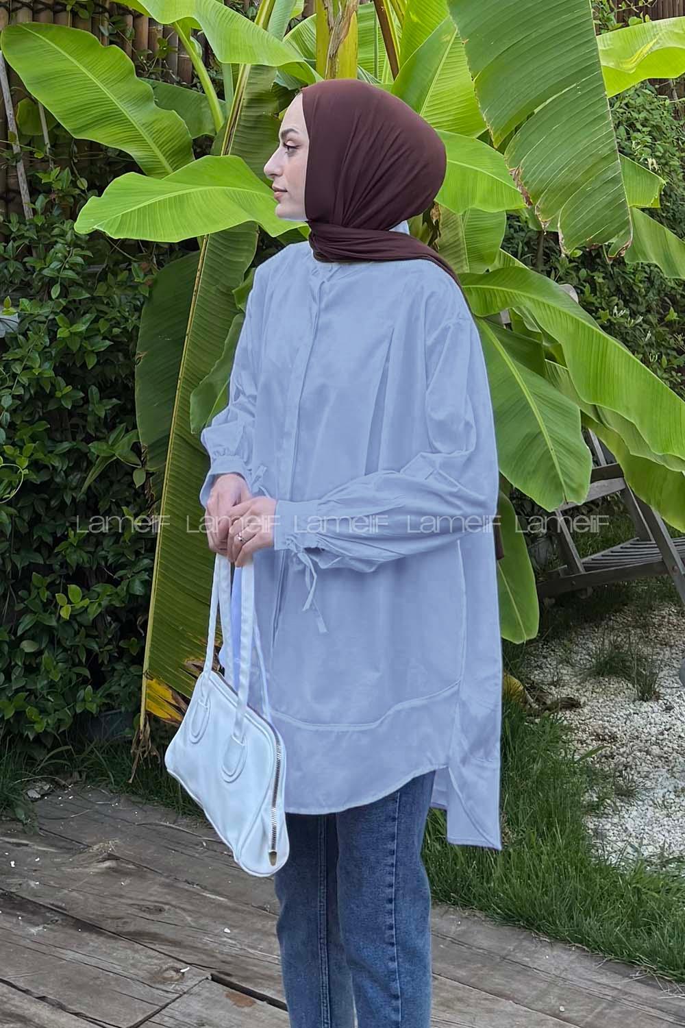 Baby Blue Mandarin Collar Cotton Unprinted Tunic