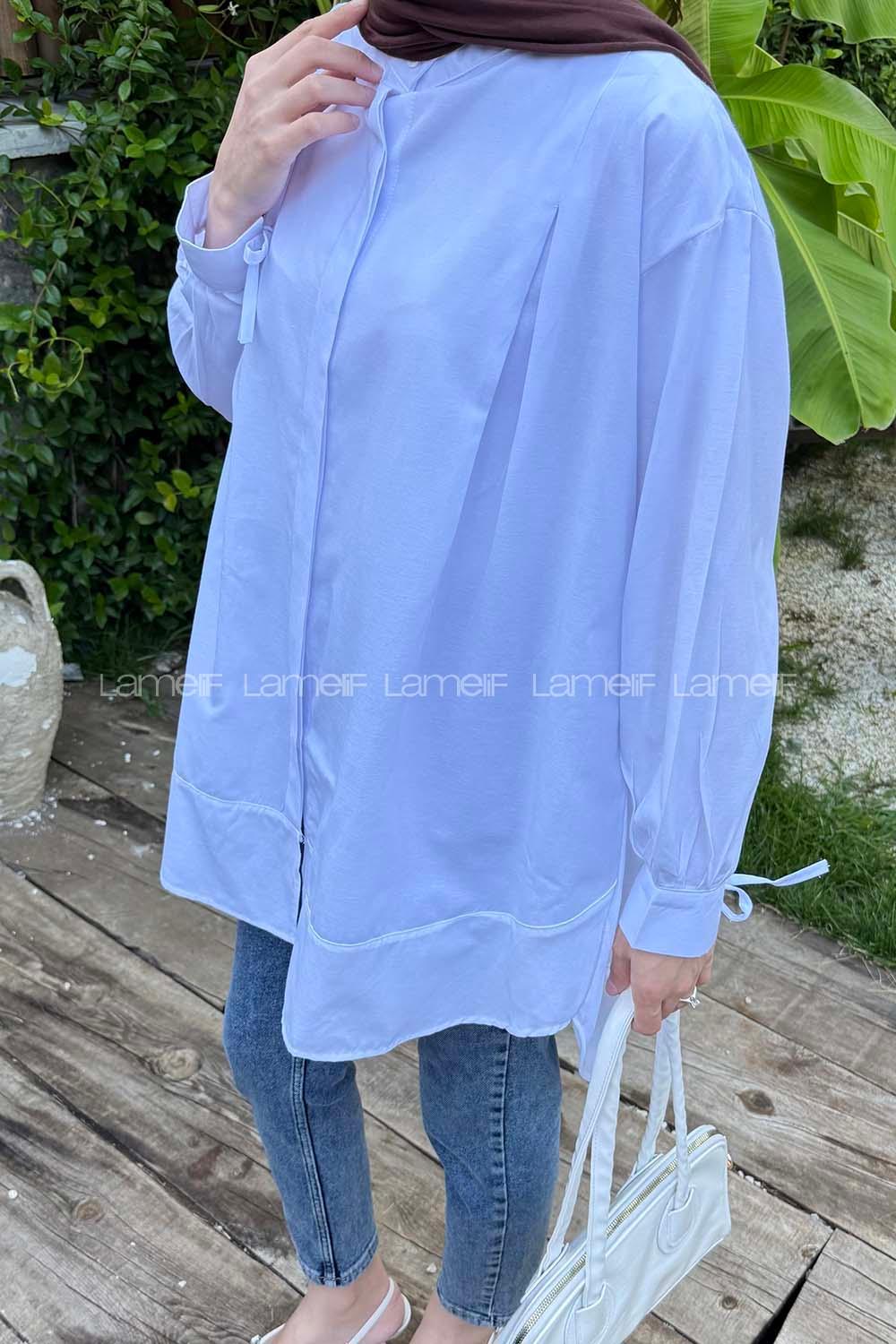 Baby Blue Mandarin Collar Cotton Unprinted Tunic