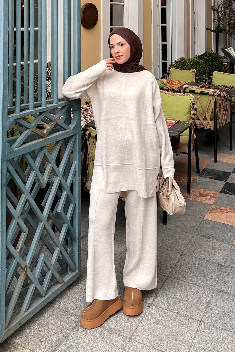 Lamelif Triko İkili Tesettür Takım Bej