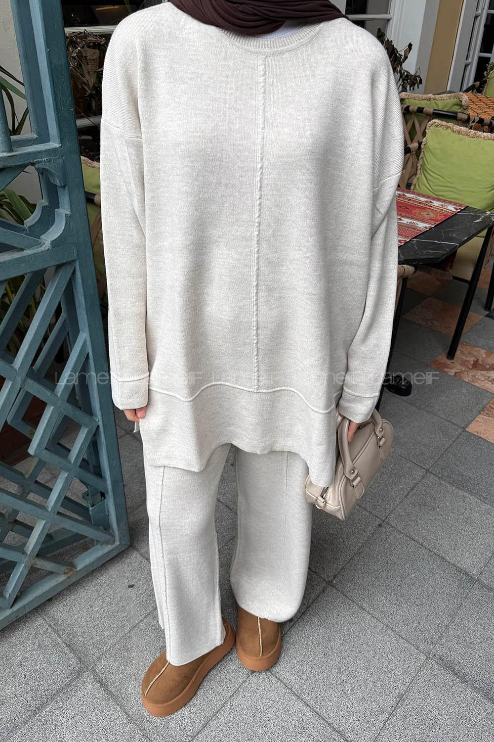 Lamelif Triko İkili Tesettür Takım Bej