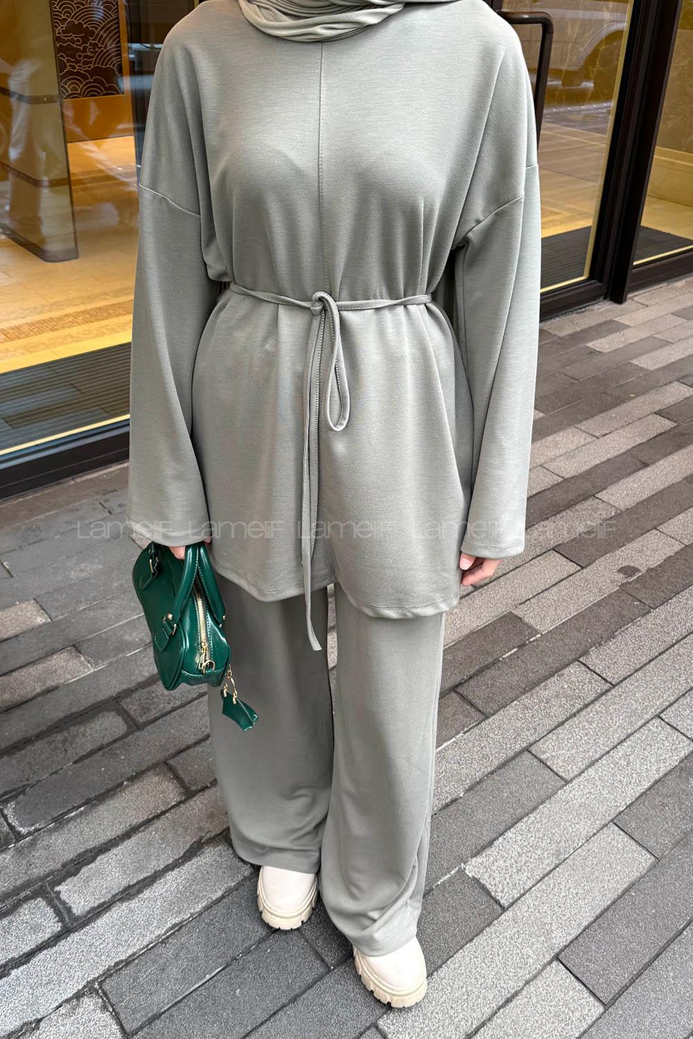 Khaki Crew Neck Long Arm Cotton Regular Trousers Comfortable Suit